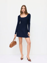 Knit U-neckline Long Sleeve Mini Flared Dress