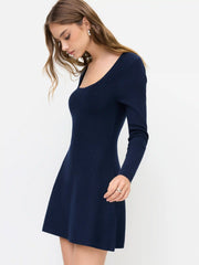 Knit U-neckline Long Sleeve Mini Flared Dress