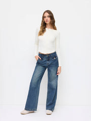 Boat Neck Button Long Sleeve Top