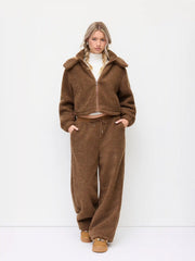 Fleece Mid Rise Elastic Waist Knotted Straight Leg Trousers
