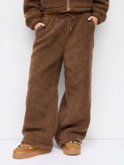 Fleece Mid Rise Elastic Waist Knotted Straight Leg Trousers