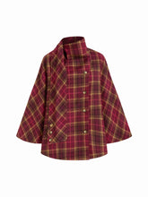 Wool-Look Plaid Cloak Sleeve Oversized Coat With Scarf