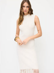 Knit Stand Collar Fringed Hem Stand Collar Midi Dress