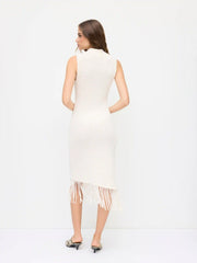 Knit Stand Collar Fringed Hem Stand Collar Midi Dress