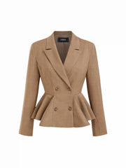 Collar Double Breasted Ruffled Cinched Waist Peplum Blazer