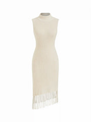 Knit Stand Collar Fringed Hem Stand Collar Midi Dress