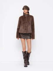 Faux Fur Stand Collar Belted Long Sleeve Oversized Jacket