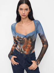Mesh Square Neck Graphic Corset Bowknot See-through Bodysuit