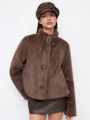Faux Fur Stand Collar Belted Long Sleeve Oversized Jacket