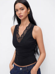 Cotton-blend V-neck Ruched Lace Trim Tank Top