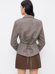 Collar Houndstooth Lace Up Cinched Waist Button Blazer