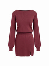 Knit Boat Neck Long Sleeve Split Mini Dress