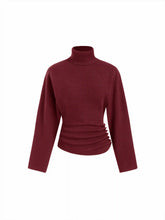 Knit Turtleneck Long Sleeve Button Side Ruched Cinched Waist Top