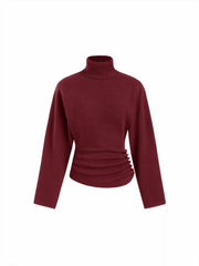 Knit Turtleneck Long Sleeve Button Side Ruched Cinched Waist Top