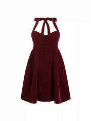 Velvet Halter Neckline Ruffle Knotted Midi Dress Curve & Plus