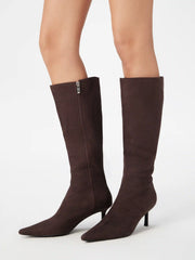 POINTED TOE FAUX SUEDE STILETTO KNEE HIGH BOOTS