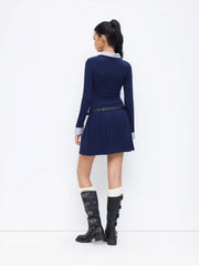Knit Fabric Collar Belted Pleated Dress