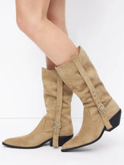 FAUX SUEDE BUCKLE POINTED TOE BOOTS