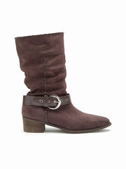 FAUX SUEDE POINTED TOE CHUNKY HEELED BELTED BOOTS