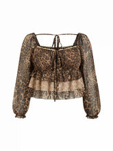 Chiffon Leopard Print Square Neck Knotted Ruffle Layered Peplum Blouse Curve & Plus