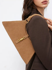 FAUX SUEDE PUSH-LOCK DECOR SHOULDER BAG