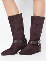 FAUX SUEDE POINTED TOE CHUNKY HEELED BELTED BOOTS