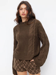 Cable Knit Round Neck Long Bell Sleeve Oversized Sweater