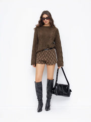 Cable Knit Round Neck Long Bell Sleeve Oversized Sweater