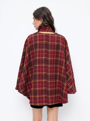 Wool-Look Plaid Cloak Sleeve Oversized Coat With Scarf