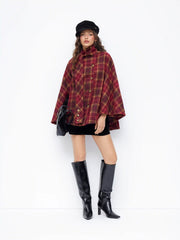 Wool-Look Plaid Cloak Sleeve Oversized Coat With Scarf