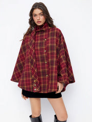 Wool-Look Plaid Cloak Sleeve Oversized Coat With Scarf