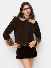Suede Peter Pan Collar Jacket With Detachable Deer Faux Fur Collar And Cuffs