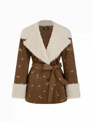 Corduroy Floral Jacket With Faux Fur Trim Curve & Plus