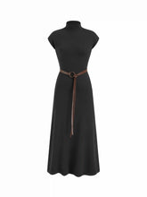 Knit High Neck Sleeve A-line Maxi Dress With Belt