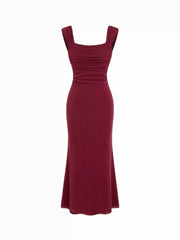 Square Neck Ruched Shimmer Mermaid Maxi Dress