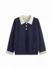 Knit Collar Colorblock Button Top Curve & Plus
