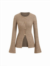 Knit Wool-blend Round Neckline Bell Sleeve Split Front Metal Button Cardigan