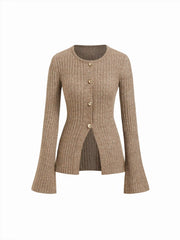 Knit Wool-blend Round Neckline Bell Sleeve Split Front Metal Button Cardigan