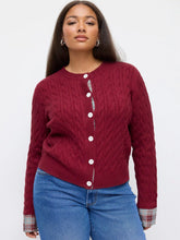 Cable Knit Round Neckline Patched Tartan Button Cardigan Curve & Plus
