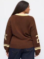 Knit V-neck 23 Graphic Striped Contrasting Binding Oversized Sweater Curve & Plus