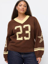 Knit V-neck 23 Graphic Striped Contrasting Binding Oversized Sweater Curve & Plus