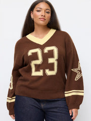 Knit V-neck 23 Graphic Striped Contrasting Binding Oversized Sweater Curve & Plus