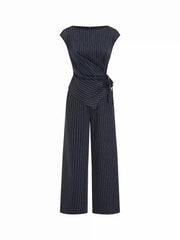 Collarless Striped Asymmetrical Hem Knotted Jumpsuit