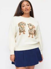 Knit Wool-blend Dog Graphic Sweater Curve & Plus
