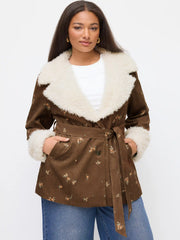 Corduroy Floral Jacket With Faux Fur Trim Curve & Plus