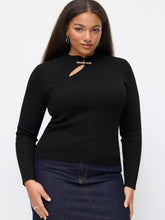 Knit Mandarin Collar Metal Detail Cut Out Top Curve & Plus