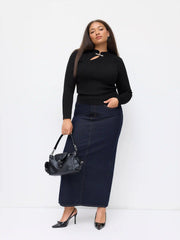 Knit Mandarin Collar Metal Detail Cut Out Top Curve & Plus