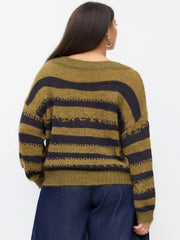 Knit Wool-blend Striped Boat Neck Long Sleeve Sweater Curve & Plus