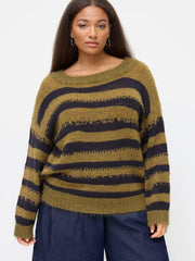 Knit Wool-blend Striped Boat Neck Long Sleeve Sweater Curve & Plus