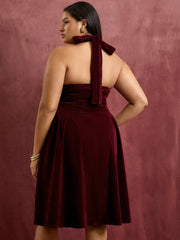 Velvet Halter Neckline Ruffle Knotted Midi Dress Curve & Plus